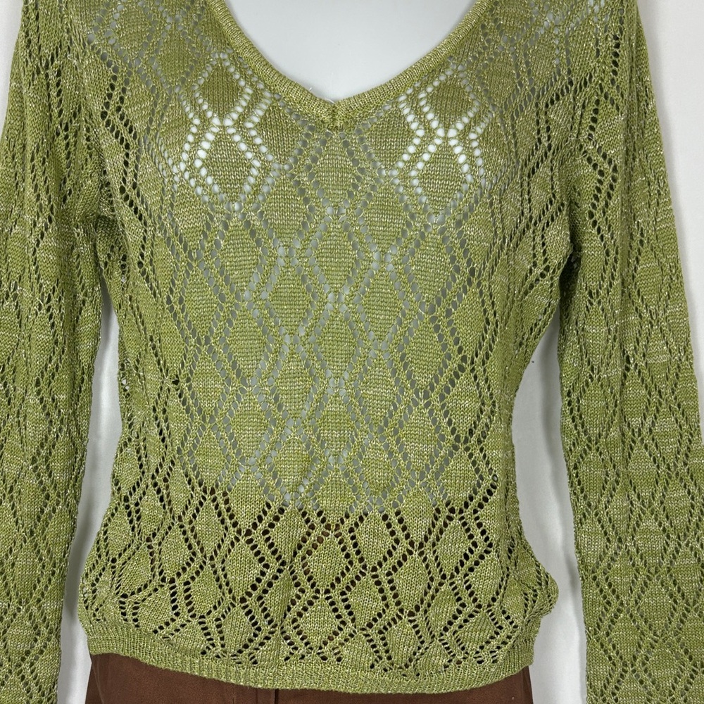 Worthington Olive Green Open Knit Sweater Women's Large V Neck Long Sleeve
